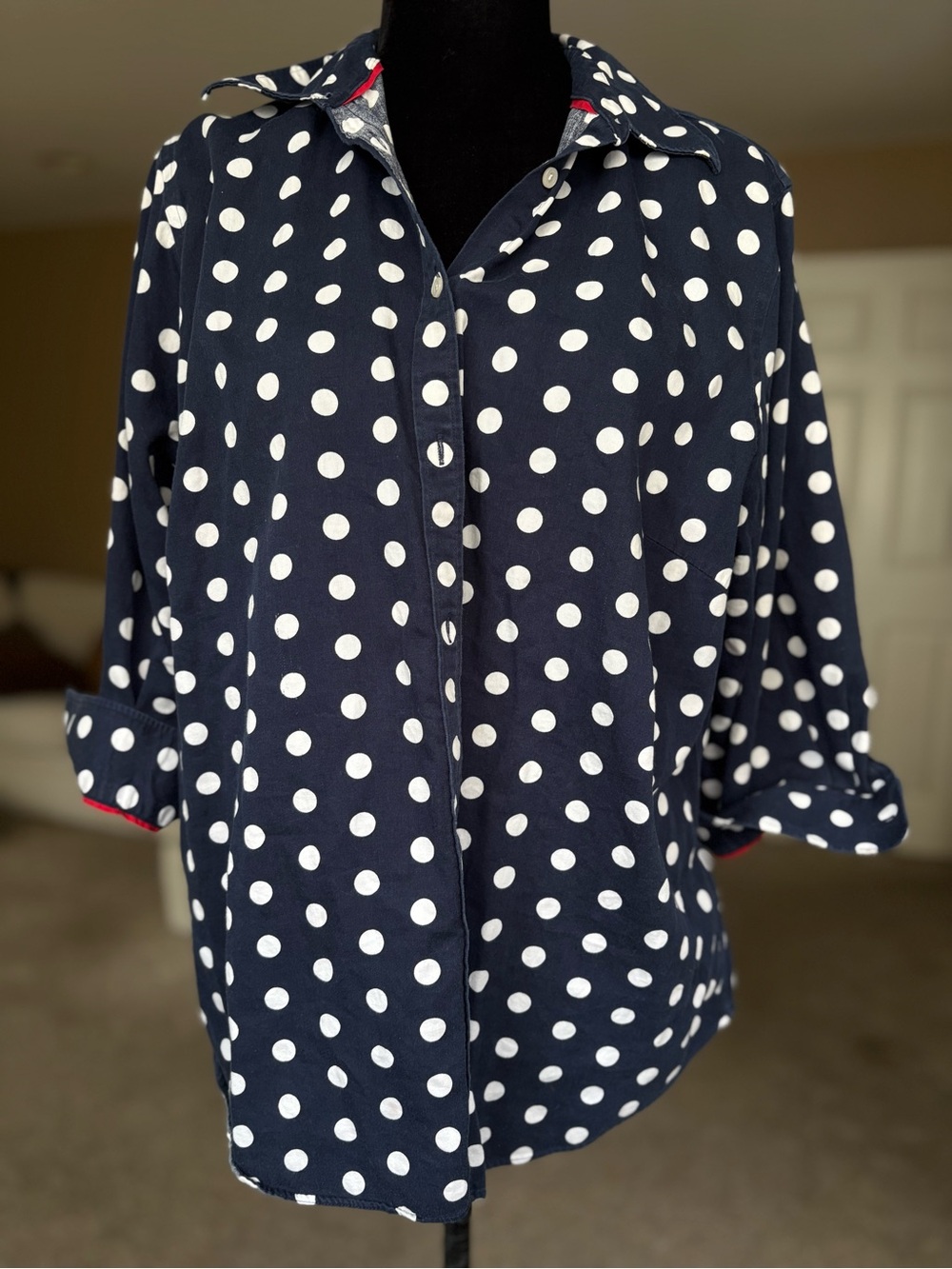 Chaps Women's Navy Polka Dot Button-Up Shirt - White Dot Blouse 1X